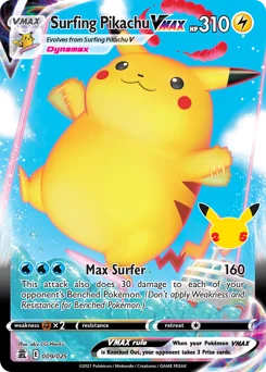 Surfing Pikachu VMAX Pokemon card from Celebrations, card number 9