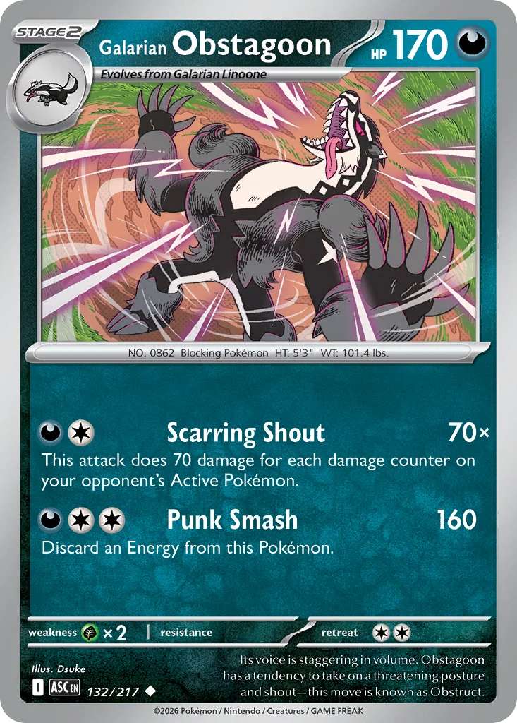 Galarian Obstagoon Pokemon card from Ascended Heroes, card number 132