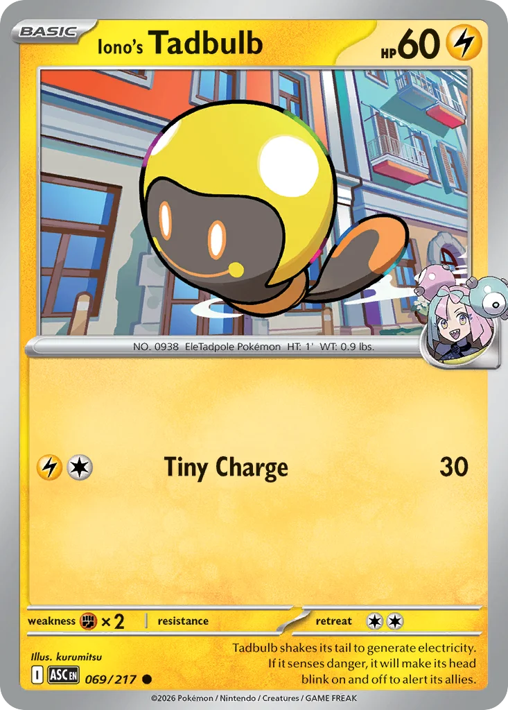 Iono's Tadbulb Pokemon card from Ascended Heroes, card number 69