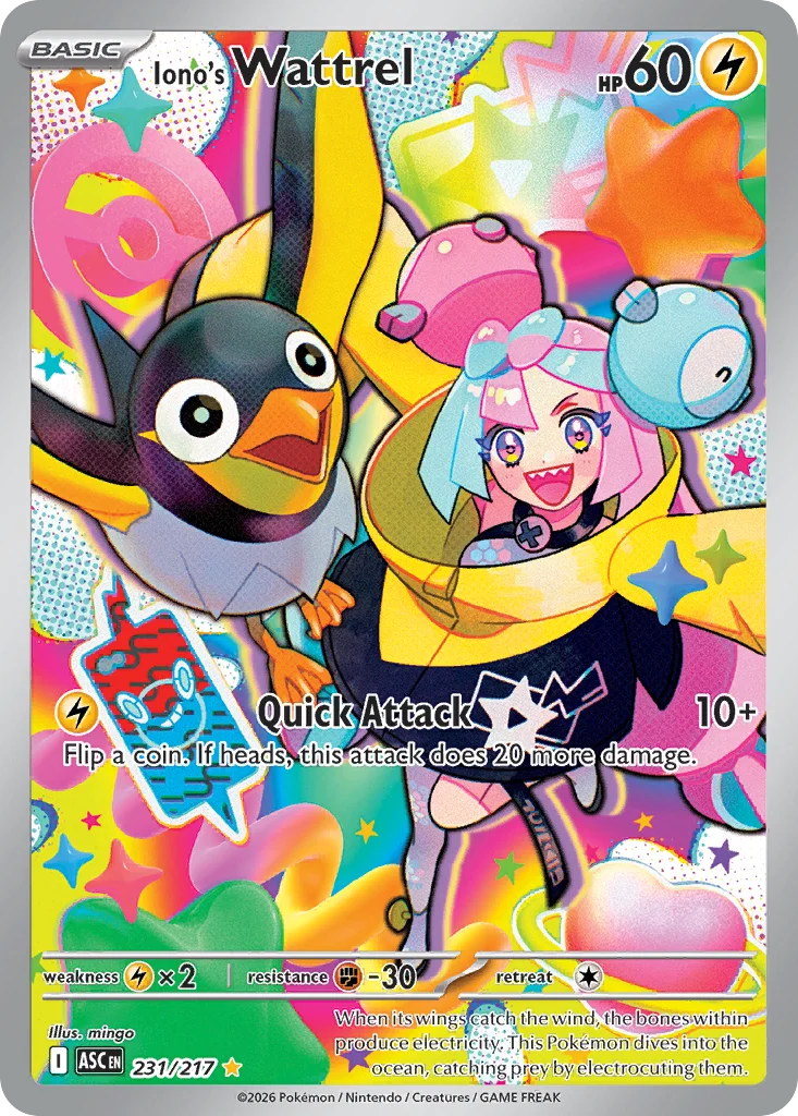 Iono's Wattrel Pokemon card from Ascended Heroes, card number 231