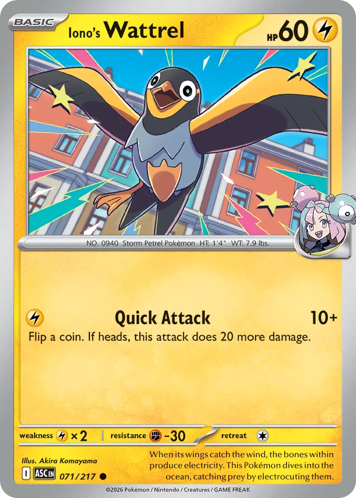 Iono's Wattrel Pokemon card from Ascended Heroes, card number 71