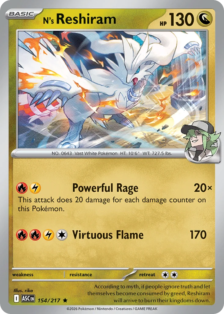 N's Reshiram Pokemon card from Ascended Heroes, card number 154
