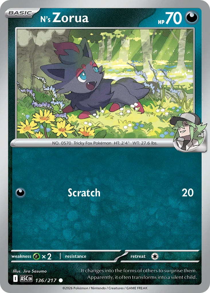 N's Zorua Pokemon card from Ascended Heroes, card number 136