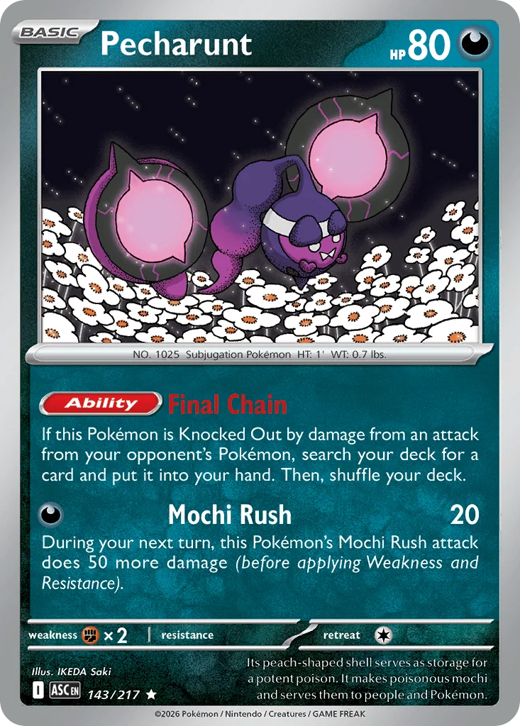 Pecharunt Pokemon card from Ascended Heroes, card number 143