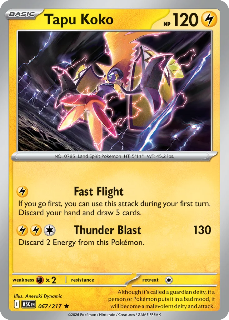 Tapu Koko Pokemon card from Ascended Heroes, card number 67