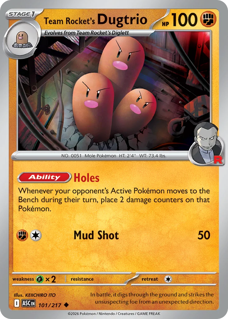 Team Rocket's Dugtrio Pokemon card from Ascended Heroes, card number 101