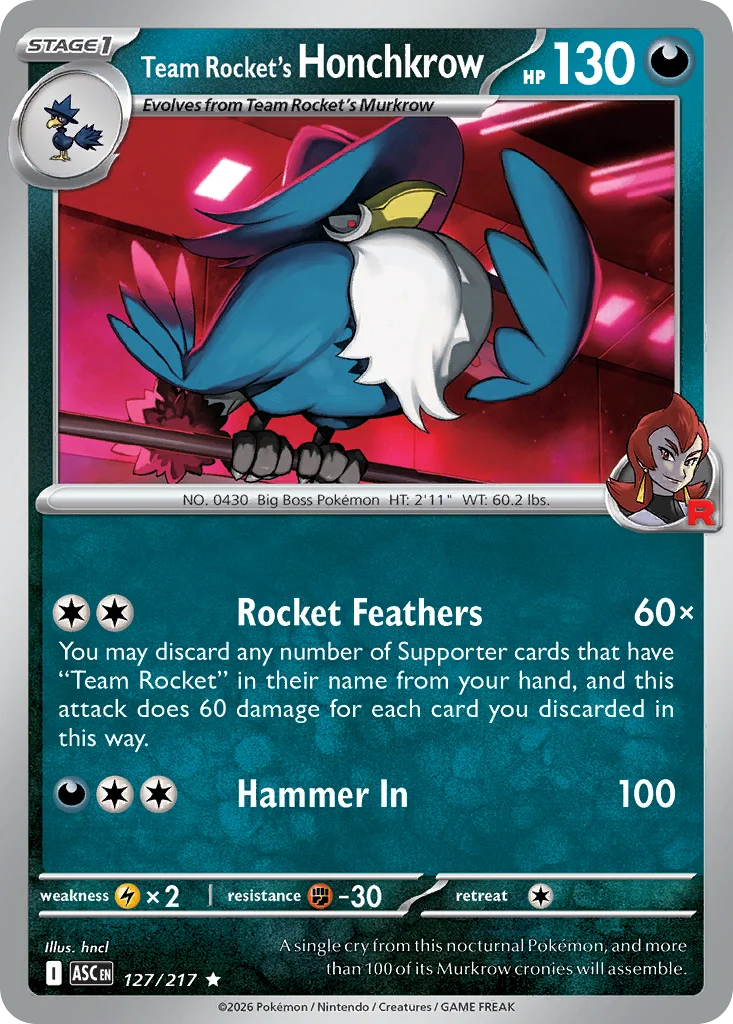 Team Rocket's Honchkrow Pokemon card from Ascended Heroes, card number 127