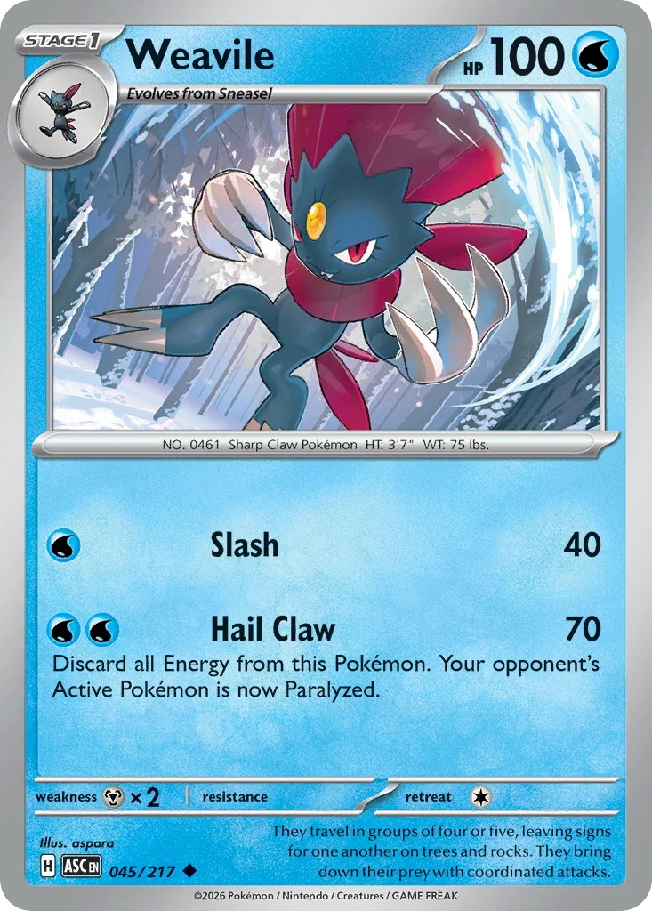 Weavile Pokemon card from Ascended Heroes, card number 45