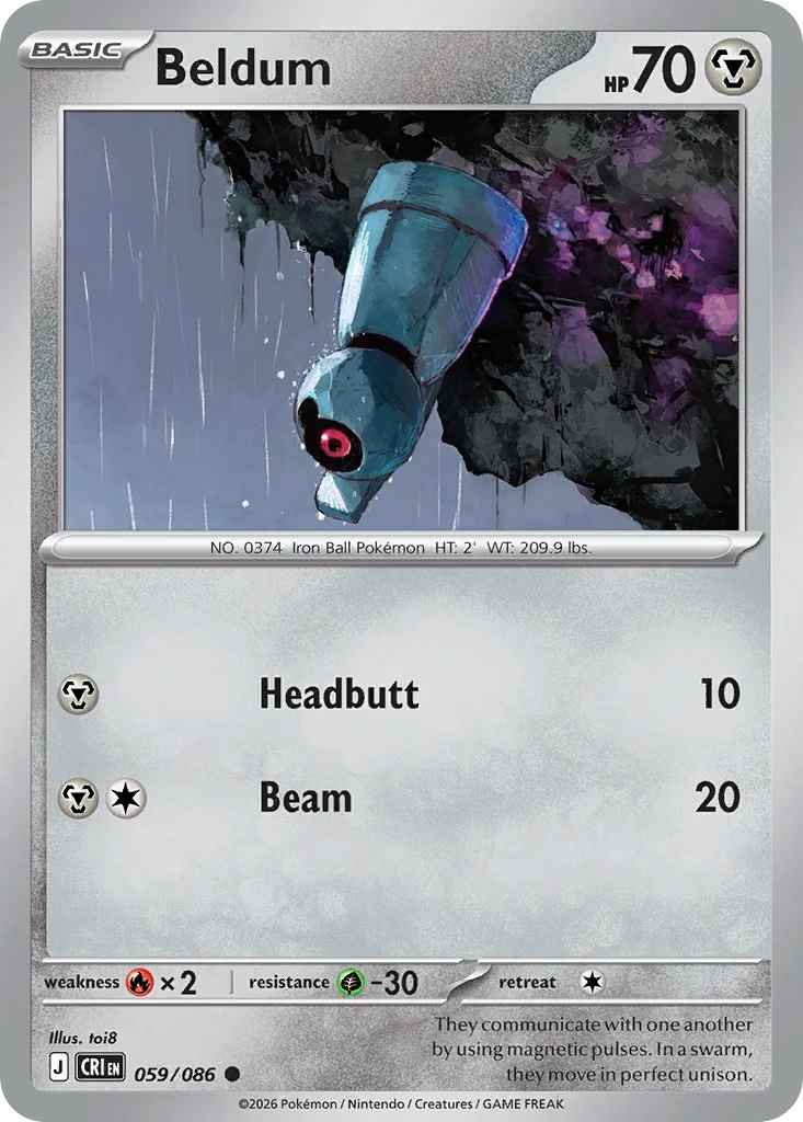 Beldum Pokemon card from Chaos Rising, card number 59
