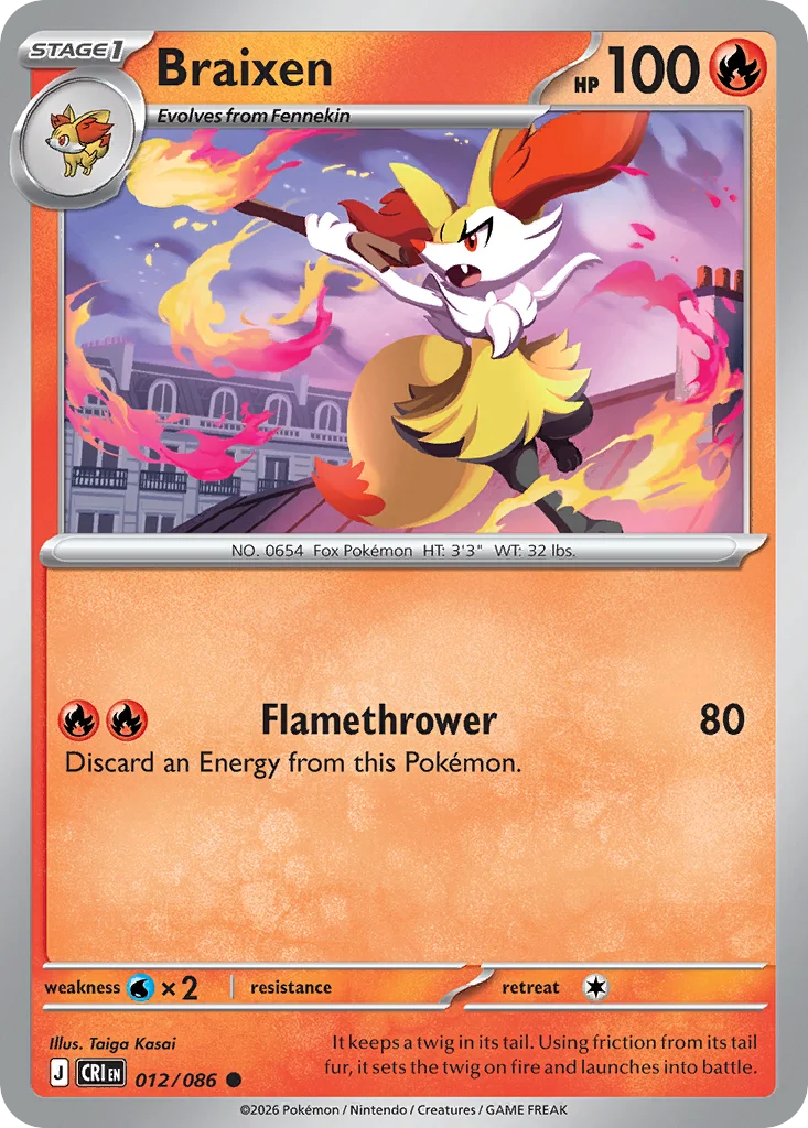 Braixen Pokemon card from Chaos Rising, card number 12