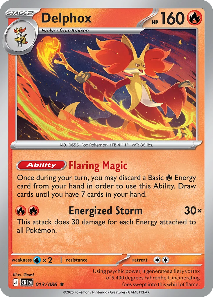 Delphox Pokemon card from Chaos Rising, card number 13