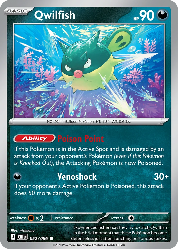 Qwilfish Pokemon card from Chaos Rising, card number 52