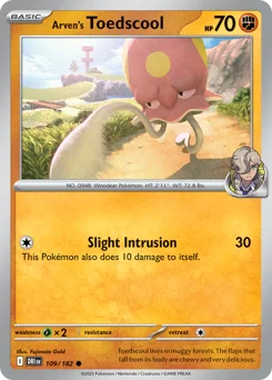 Arven's Toedscool Pokemon card from Destined Rivals, card number 109