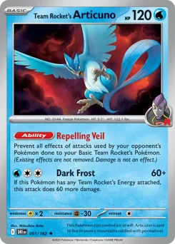 Team Rocket's Articuno Pokemon card from Destined Rivals, card number 51