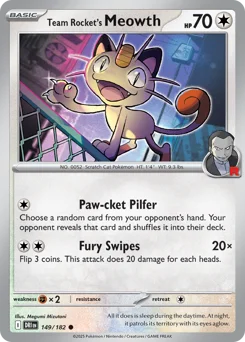 Team Rocket's Meowth Pokemon card from Destined Rivals, card number 149