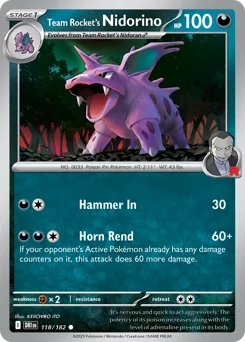 Team Rocket's Nidorino Pokemon card from Destined Rivals, card number 118