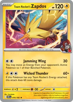 Team Rocket's Zapdos Pokemon card from Destined Rivals, card number 70