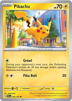Pikachu Pokemon card from Paldea Evolved, card number 62