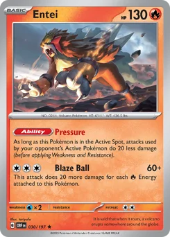 Entei Pokemon card from Obsidian Flames, card number 30