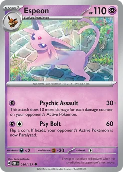 Espeon Pokemon card from Obsidian Flames, card number 86
