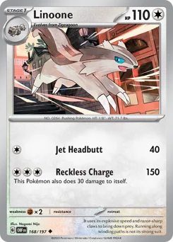 Linoone Pokemon card from Obsidian Flames, card number 168