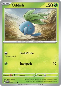 Oddish Pokemon card from Obsidian Flames, card number 1