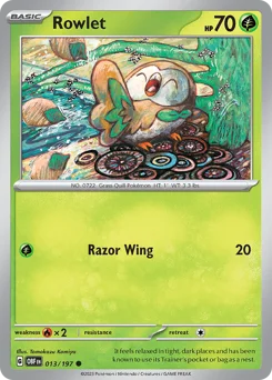 Rowlet Pokemon card from Obsidian Flames, card number 13