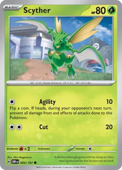 Scyther Pokemon card from Obsidian Flames, card number 4