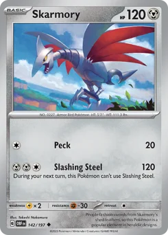 Skarmory Pokemon card from Obsidian Flames, card number 142