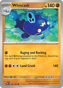 Whiscash Pokemon card from Obsidian Flames, card number 109