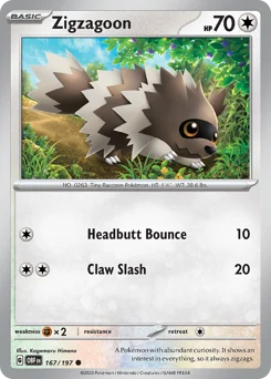 Zigzagoon Pokemon card from Obsidian Flames, card number 167