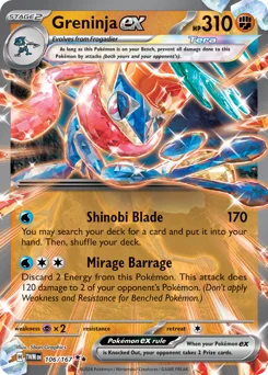 Greninja ex Pokemon card from Twilight Masquerade, card number 106