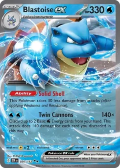 Blastoise ex Pokemon card from Stellar Crown, card number 30