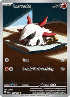 Larvesta Pokemon card from Surging Sparks, card number 196