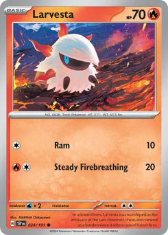 Larvesta Pokemon card from Surging Sparks, card number 24