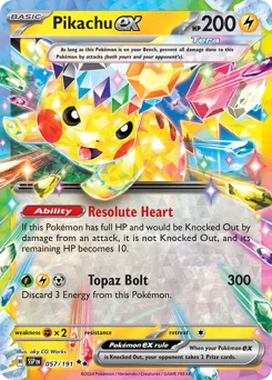 Pikachu ex Pokemon card from Surging Sparks, card number 57