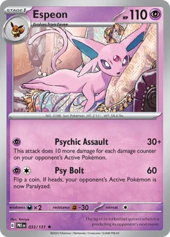 Espeon Pokemon card from Prismatic Evolutions, card number 33