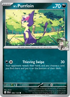 N's Purrloin Pokemon card from Journey Together, card number 96