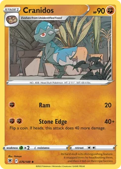 Cranidos Pokemon card from Astral Radiance, card number 76