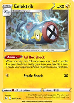 Eelektrik Pokemon card from Lost Origin, card number 60