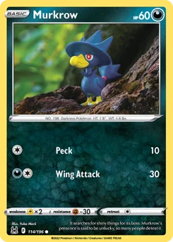 Murkrow Pokemon card from Lost Origin, card number 114