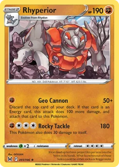 Rhyperior Pokemon card from Lost Origin, card number 91