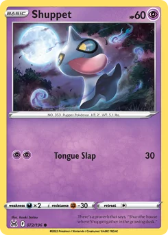 Shuppet Pokemon card from Lost Origin, card number 72