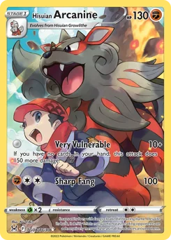 Hisuian Arcanine Pokemon card from Lost Origin Trainer Gallery, card number TG08