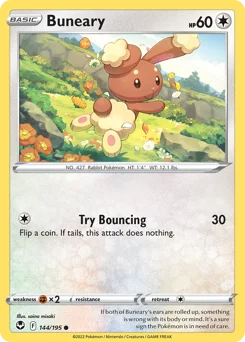 Buneary Pokemon card from Silver Tempest, card number 144