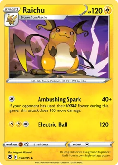 Raichu Pokemon card from Silver Tempest, card number 50