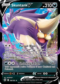 Skuntank V Pokemon card from Silver Tempest, card number 108