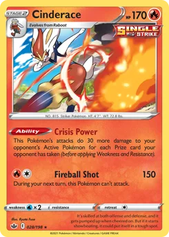 Cinderace Pokemon card from Chilling Reign, card number 28