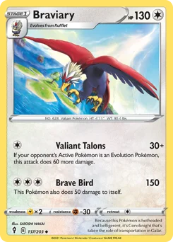 Braviary Pokemon card from Evolving Skies, card number 137