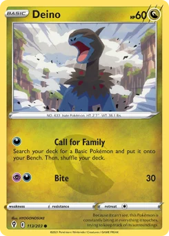 Deino Pokemon card from Evolving Skies, card number 113